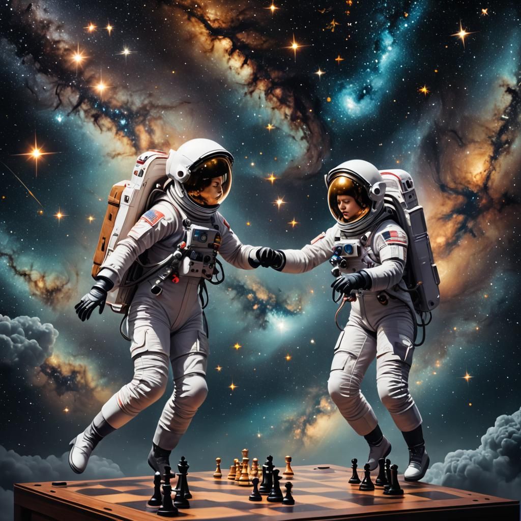 Astronauts Play Chess in Starry Space Dreamscape