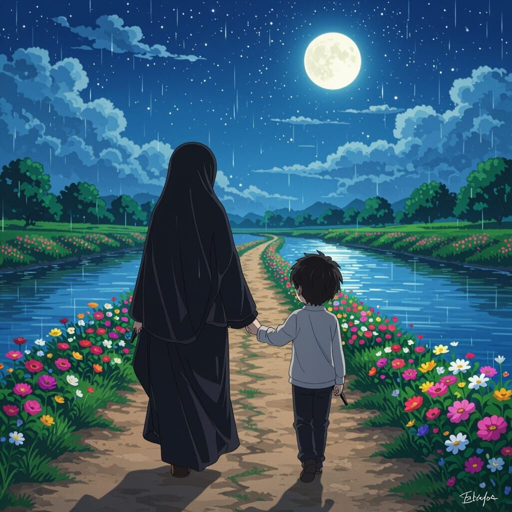 Romantic Anime River Scene with Girl in Burqa