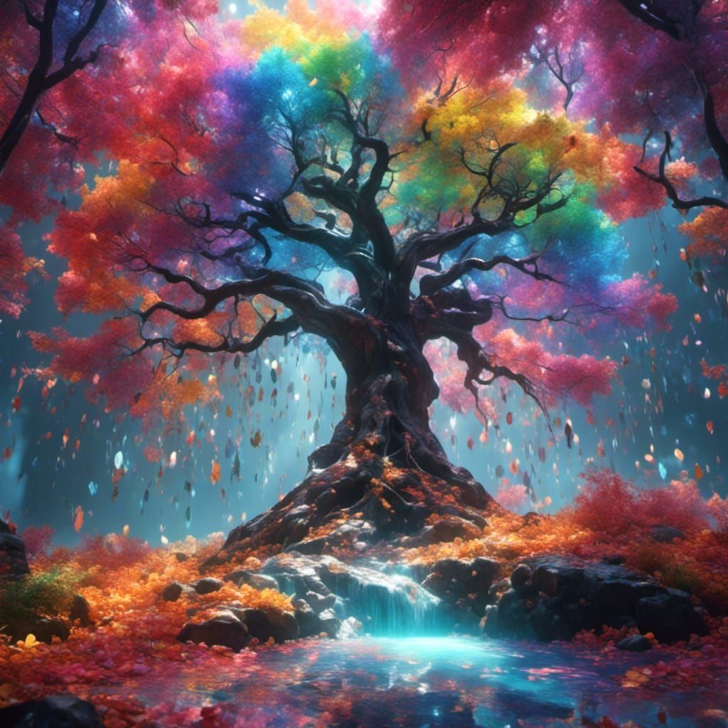 Rainbow Leaf Tree with Text in Hyperreal Detail