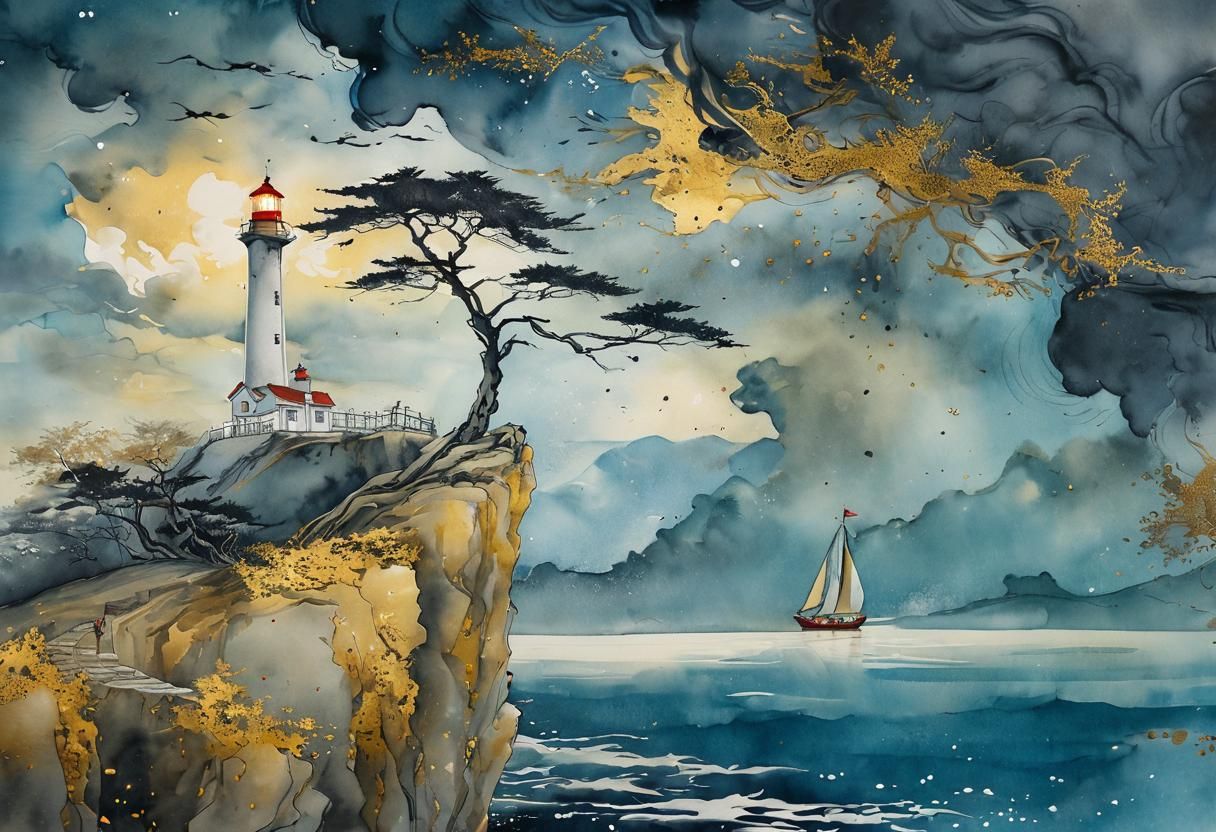 Lighthouse on Cliff in Sumi-e Style with Gold