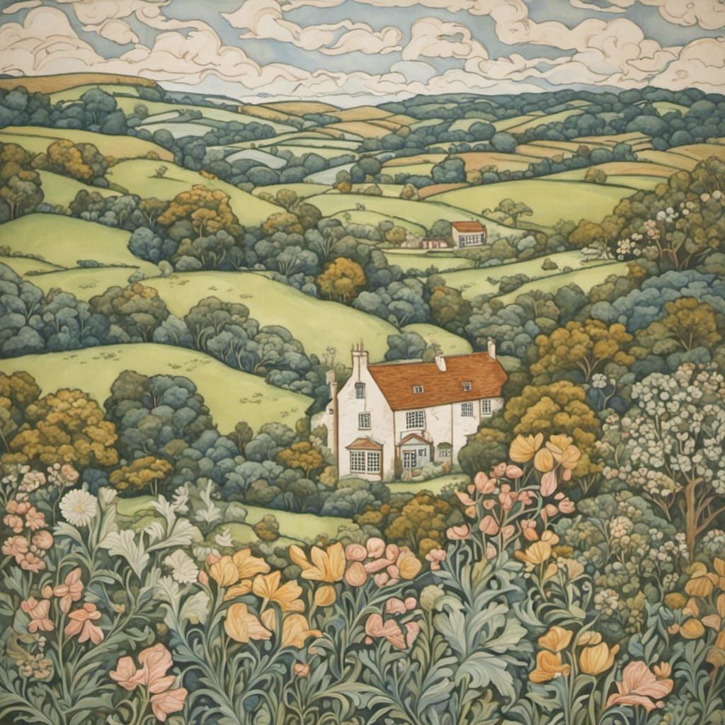 British Countryside Scene: Gouache Painting in Arts and Craf...