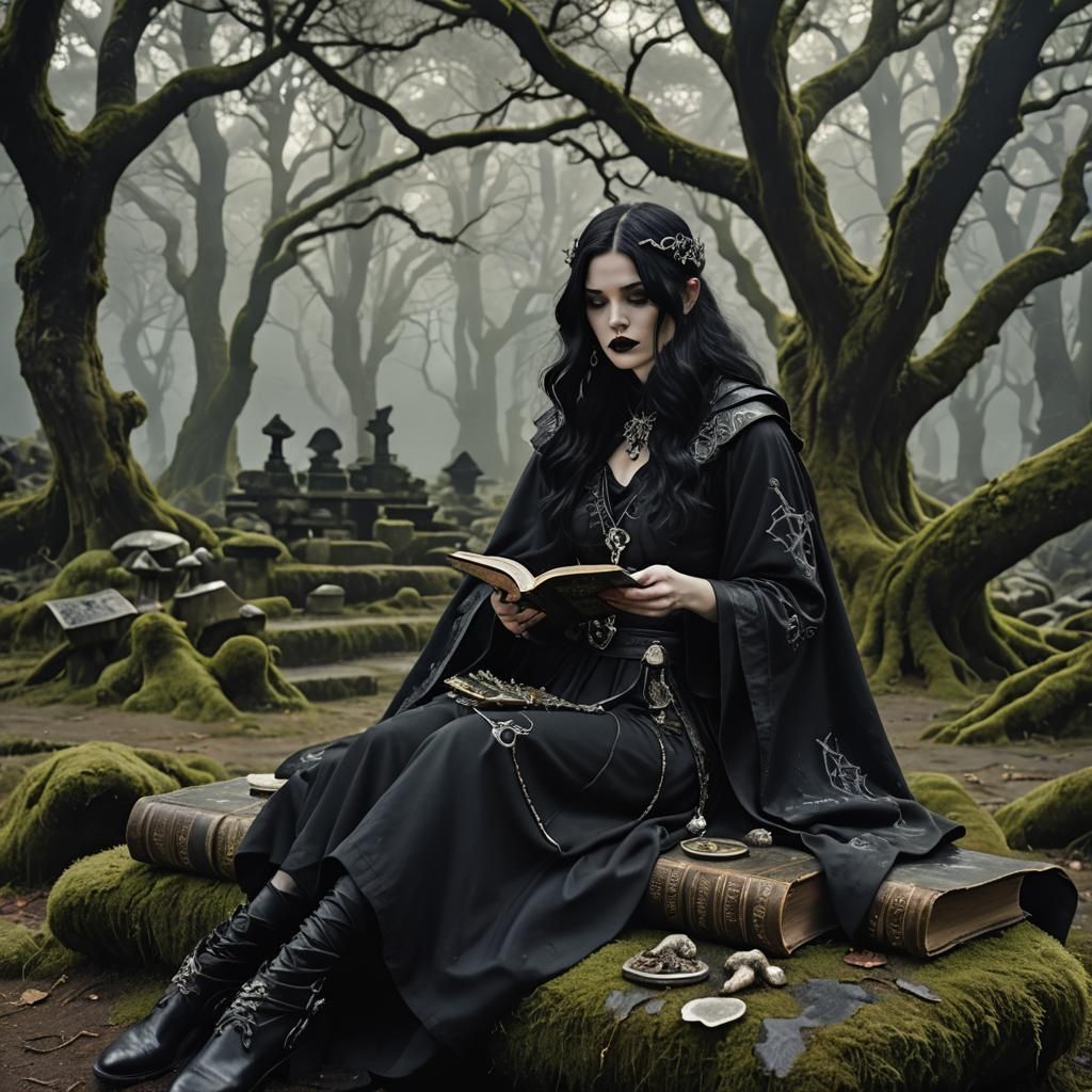 Gothic Teen Necromancer Reading in Misty Park