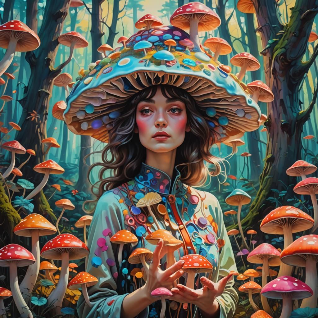 Mushroom Woman in Surreal Forest, Dreamlike Art
