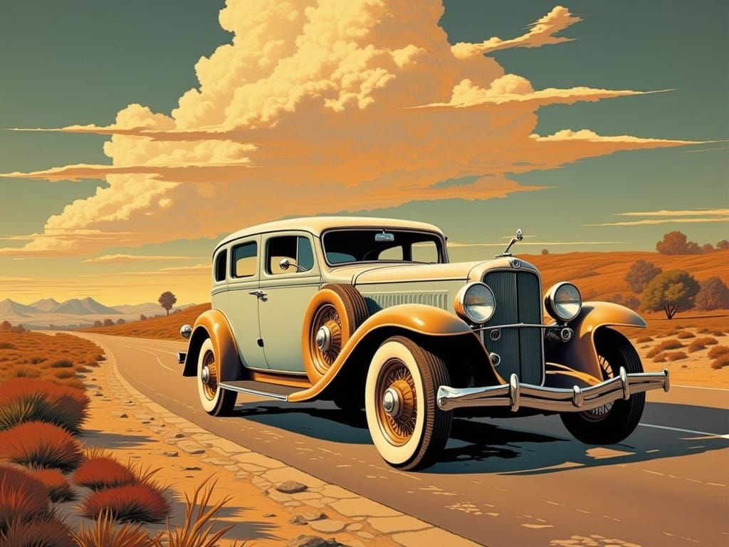 Vintage Car Poster With Dramatic Sunbeams
