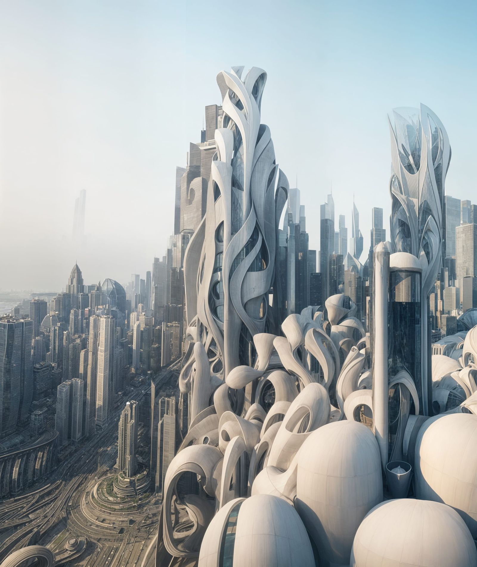 Futuristic City with Organic Architecture in Surreal Style
