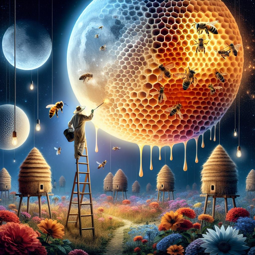 Honeycomb Moon Fantasy Art: Beekeeper's Ascent