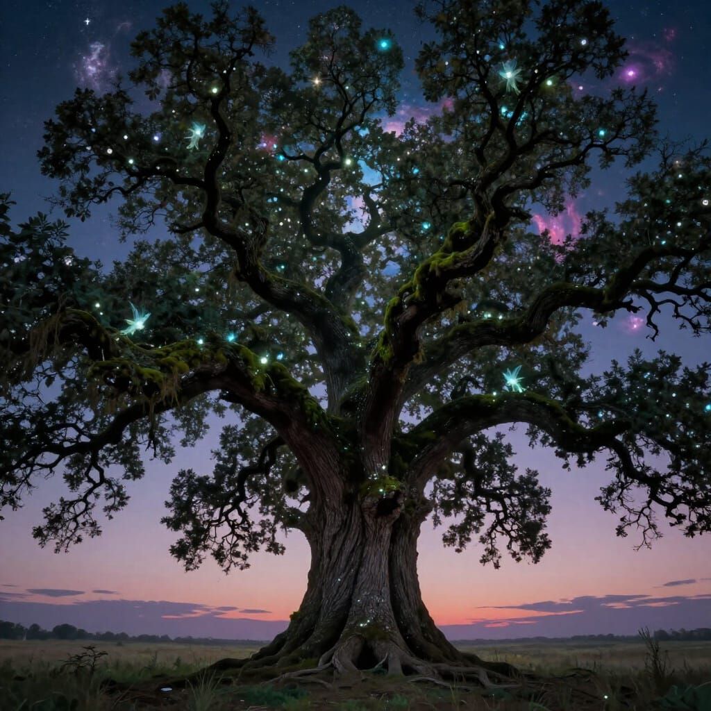 Ancient Oak Under Cosmic Twilight Sky