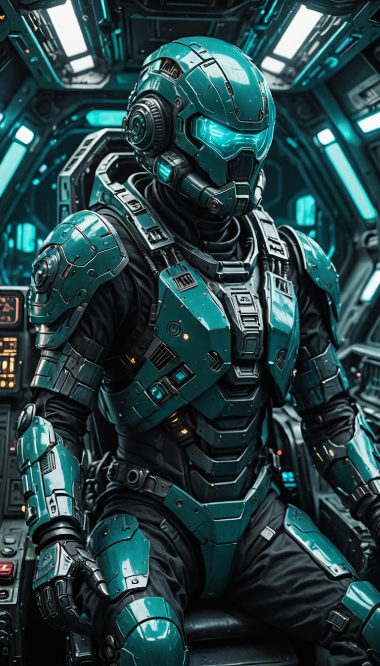 Futuristic Pilot in Cockpit with Teal Lights