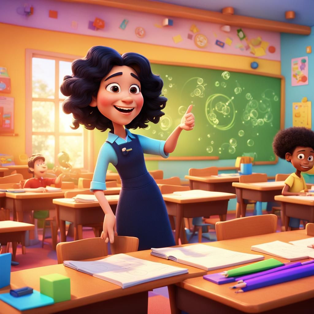Happy Teacher Teaches Addition, Pixar-Style 3D Art