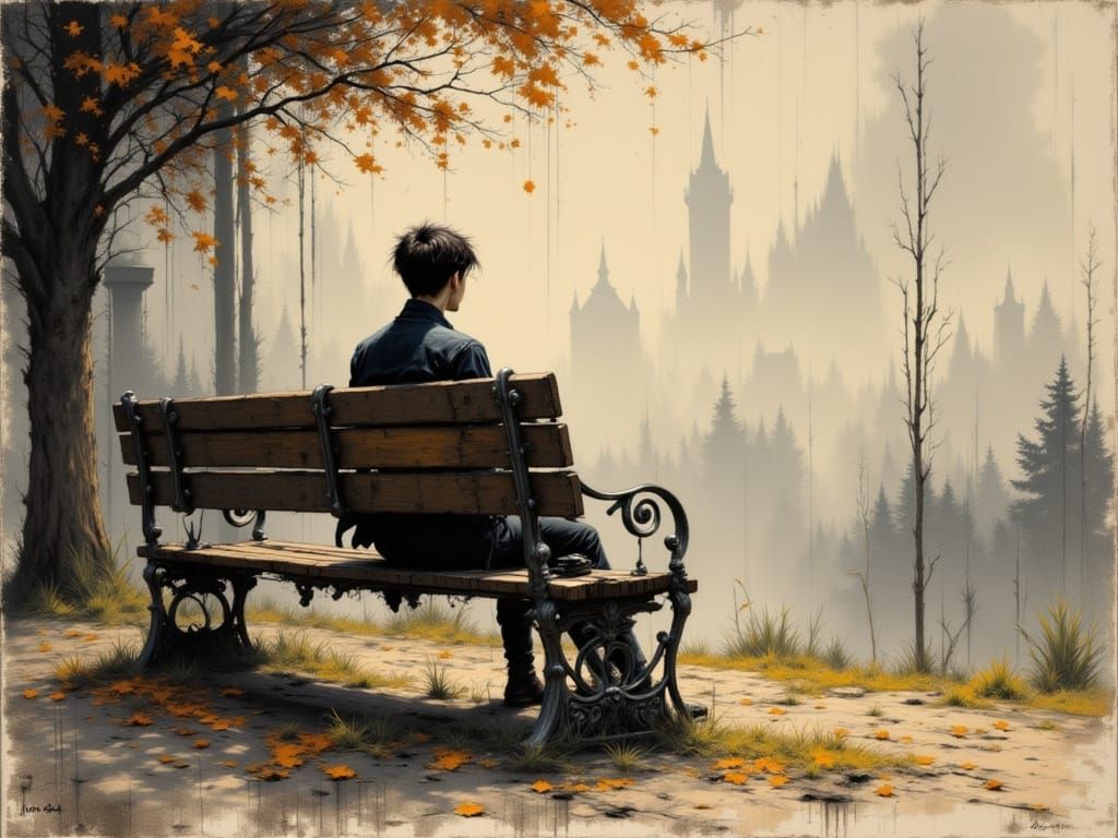 Lone Figure Waits on Bench in Luminous Oil Painting