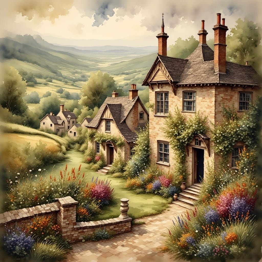 Quaint English Village on Moors in Watercolor Style