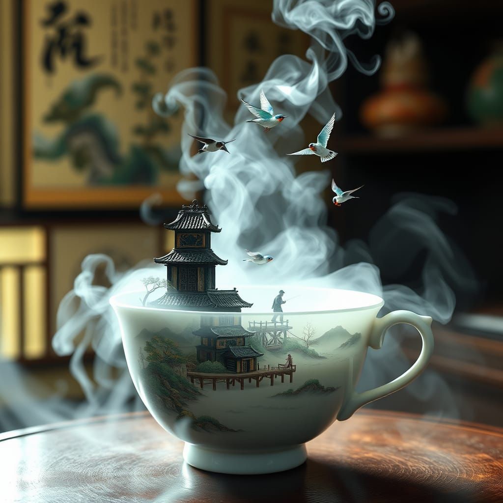 Miniature Fishing Village in Teacup, Surreal Digital Art