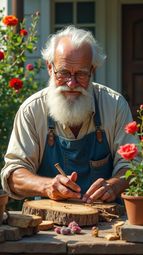 Wood Carver in Garden: Hyperrealistic Splash Art