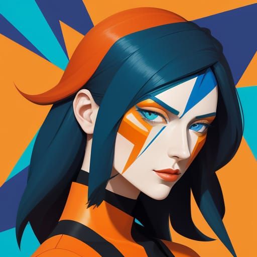 Geometric Woman Amidst Vibrant Fire and Ice in Neo-Cubist Ar...