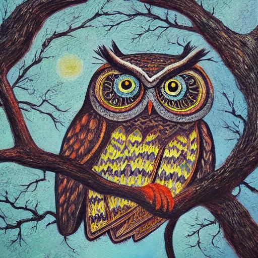 Realistic Owl Painting on Branch in Midnight Hues