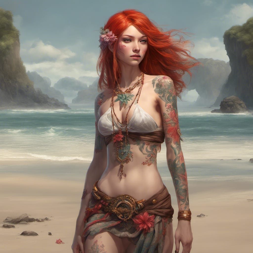 Beautiful Fantasy Empress on Beach in Tattoo Style