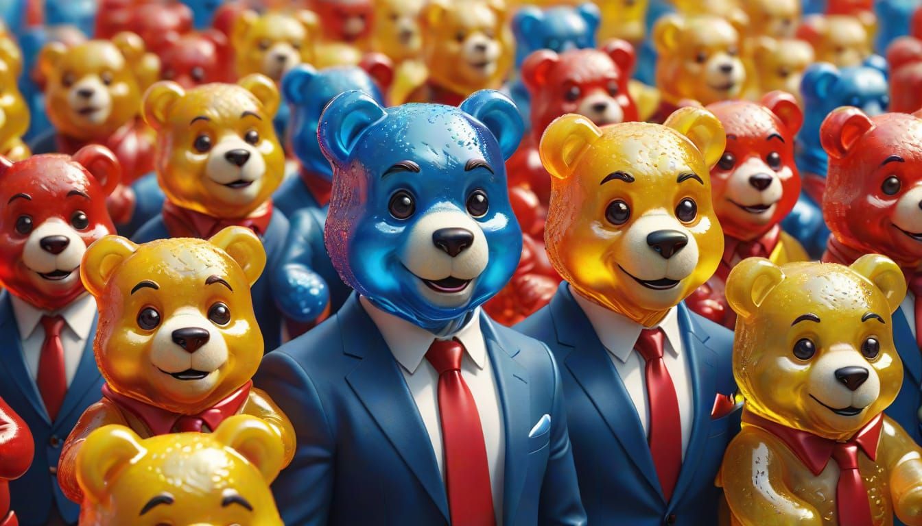 Hyper-Realistic Digital Art of Colorful Gummy Bears in Fasci...