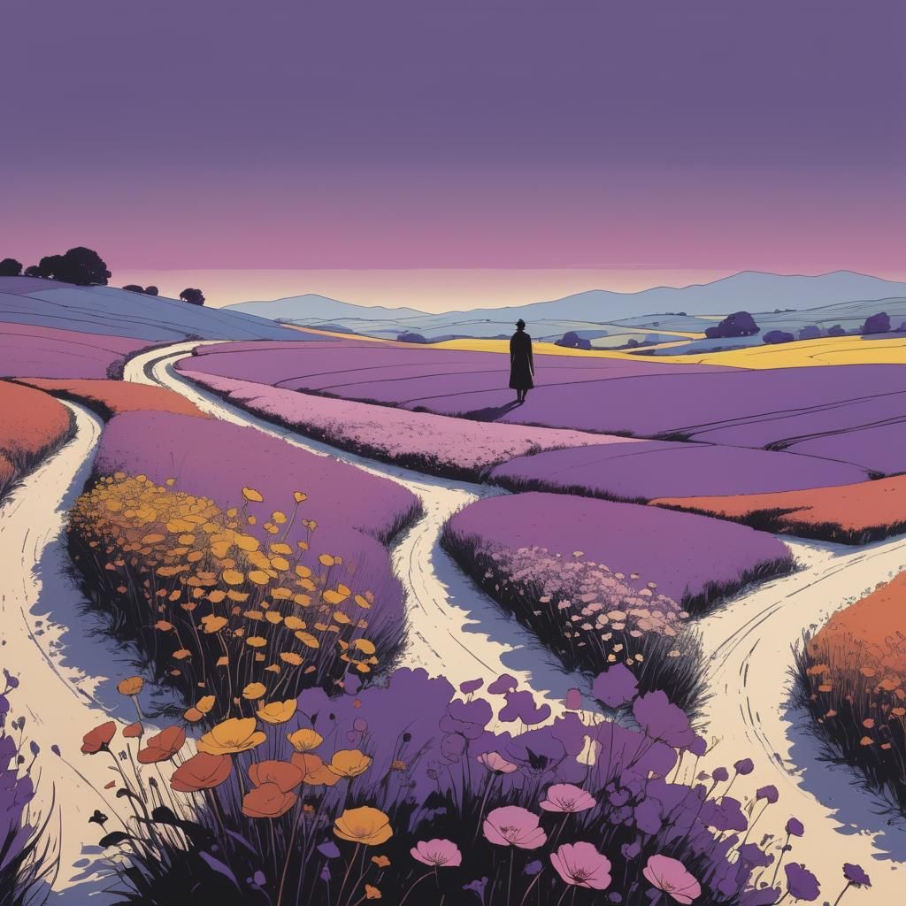 Figure Walking Through Field in Ligne Claire Style