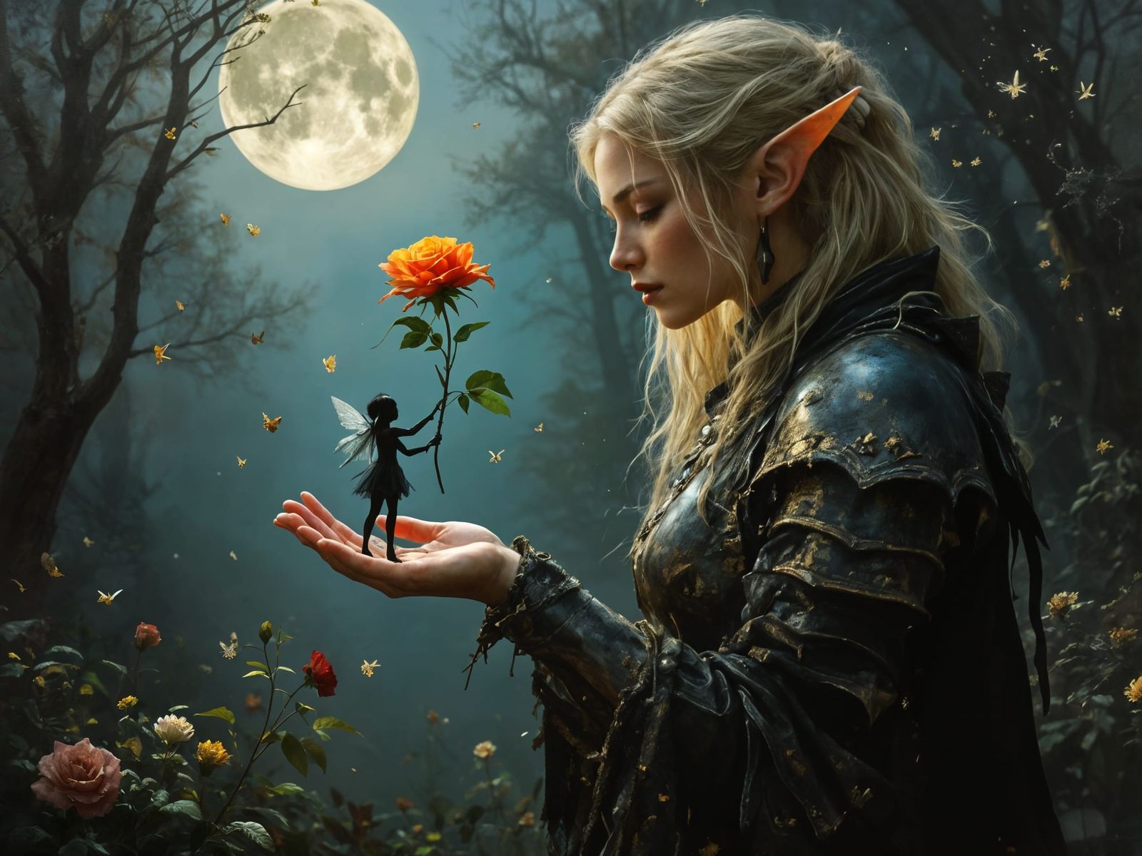 Elf and Fairy with Rose in Moonlit Forest