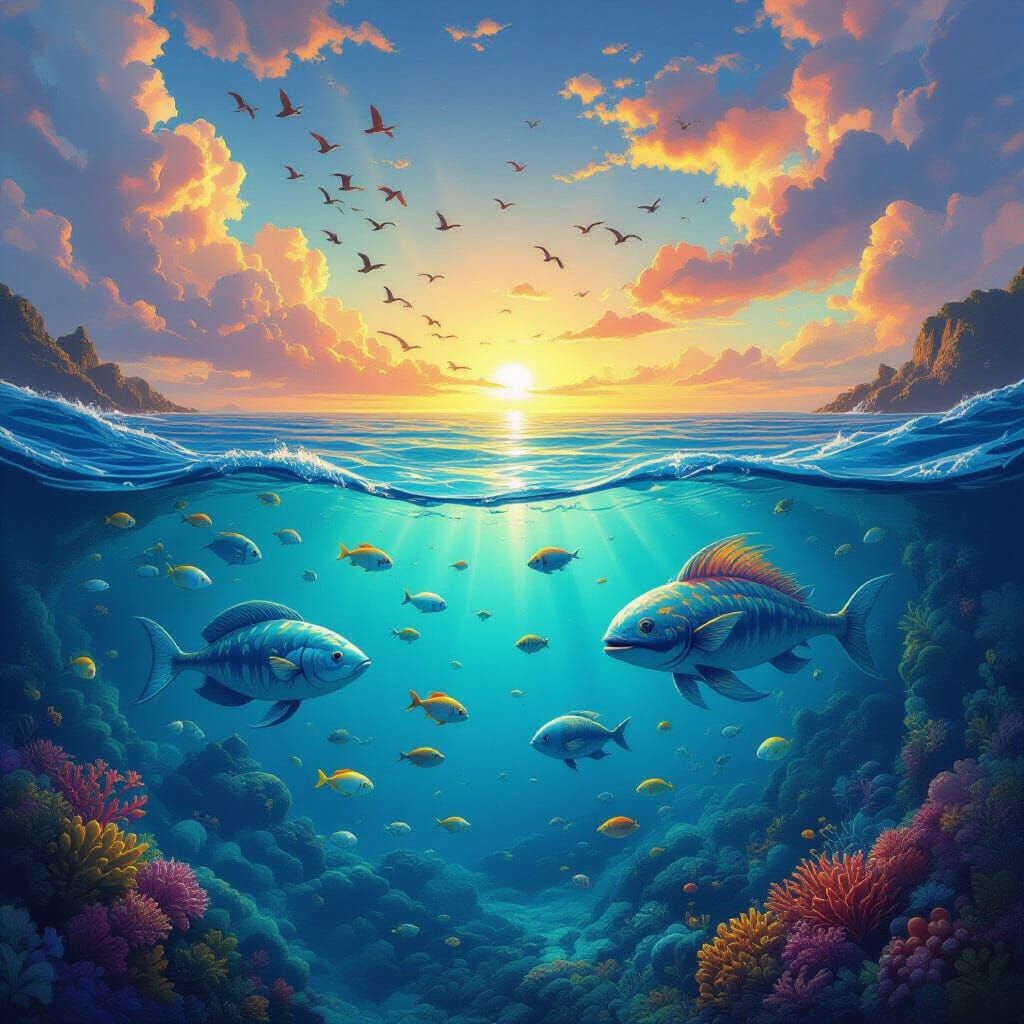 Vibrant Digital Painting of Life Across Sky, Sea, and Depths