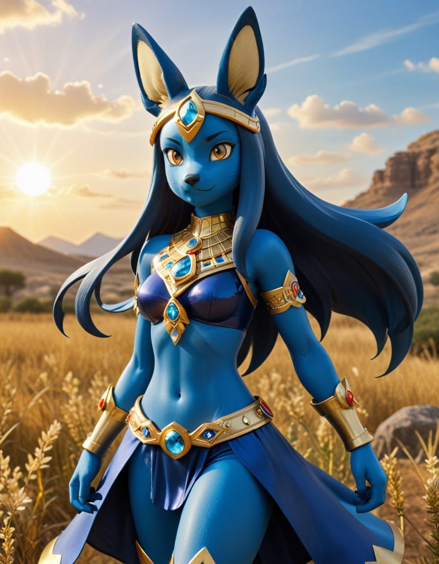 Elegant Blue Lucario Goddess with Golden Accents