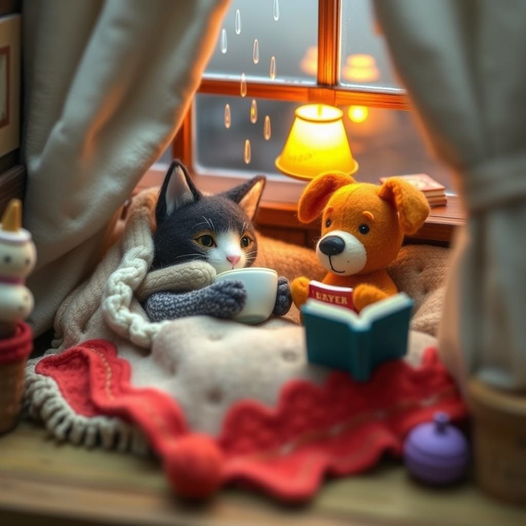 Cozy Companions: A Felted Cat and Dog's Rainy Day Reading