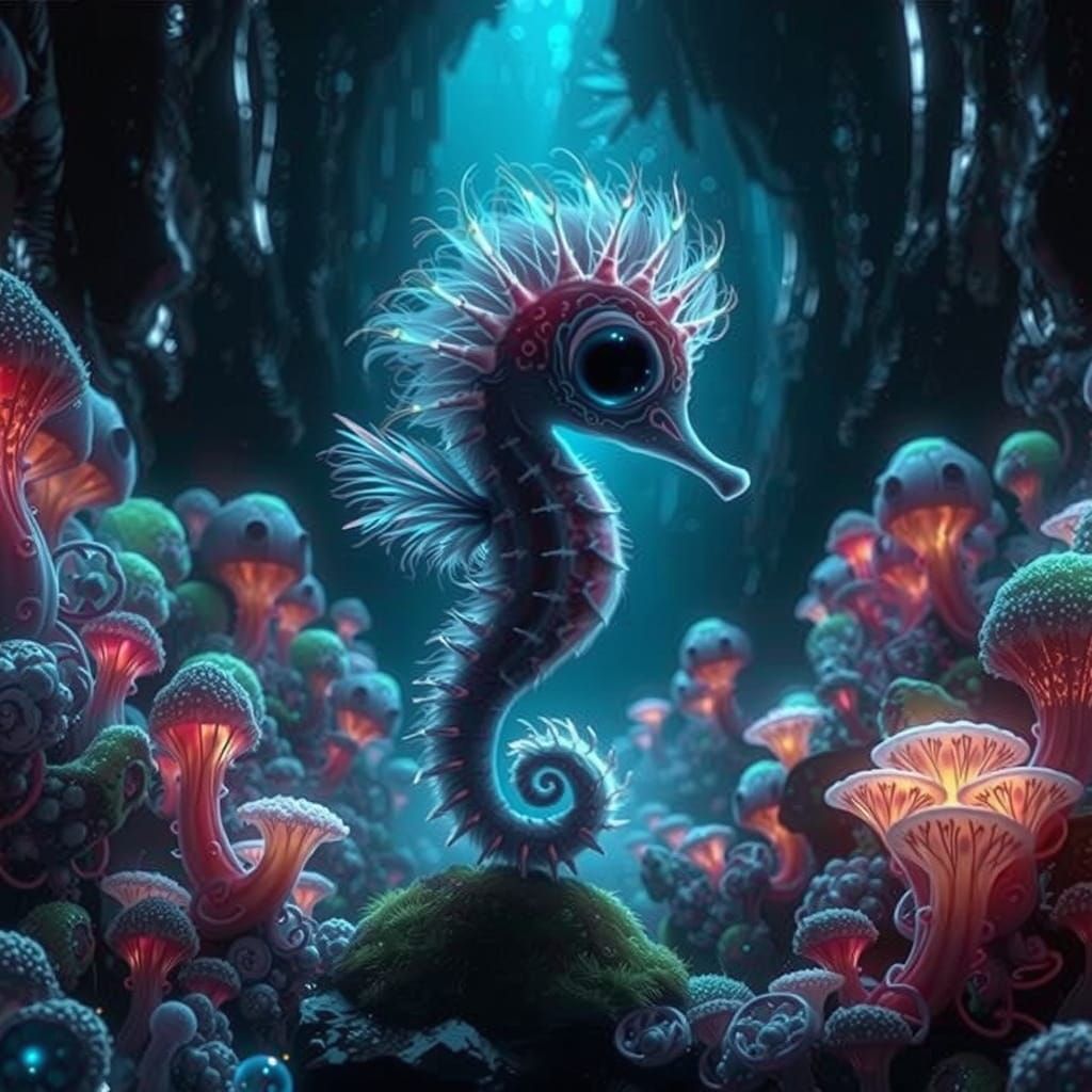 Iridescent Seahorse with Wings in Crystal Cave