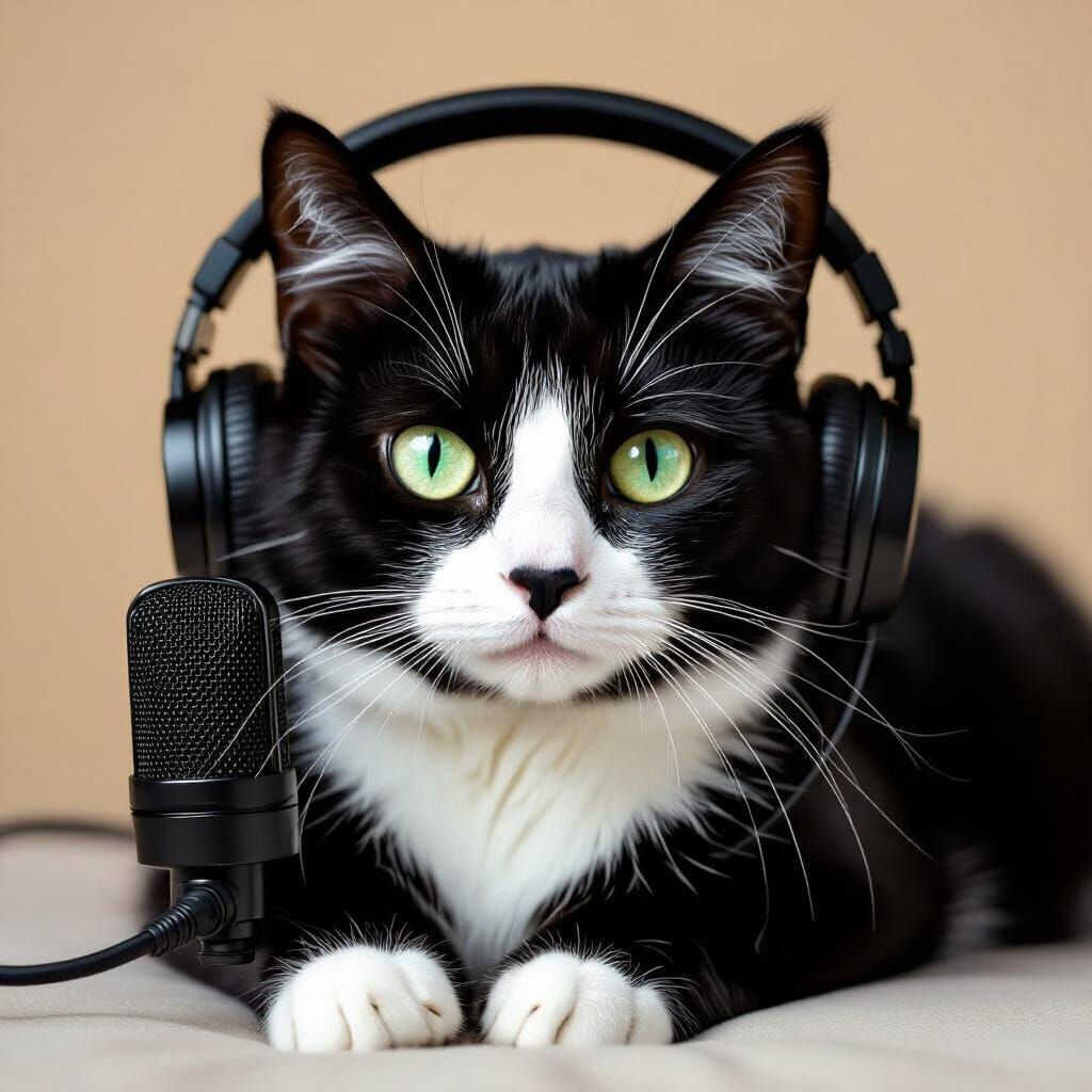 Photorealistic Black Cat Podcaster with Green Eyes