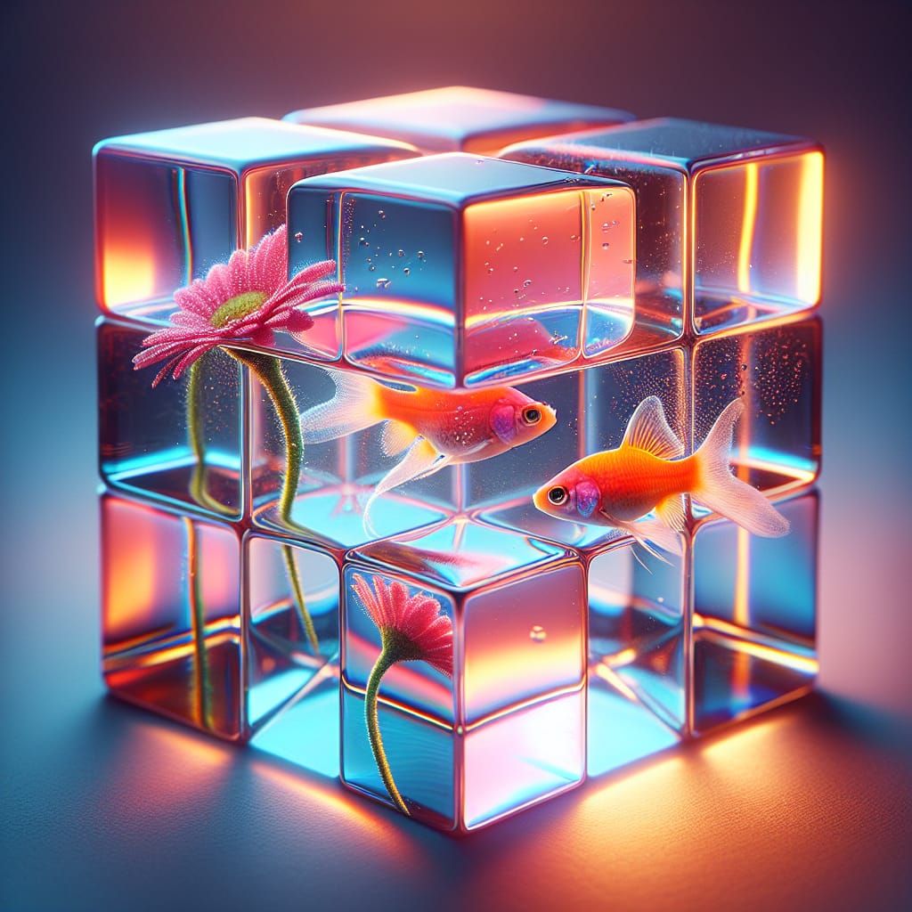 Whimsical Aquarium in a Transparent Rubik's Cube