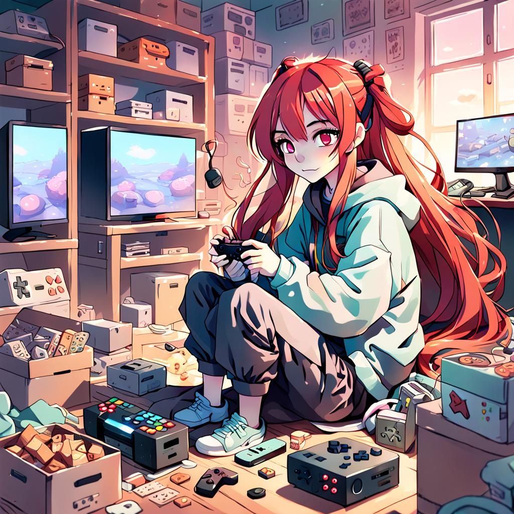 Anime Gamer Girl in Cozy Room Illustration