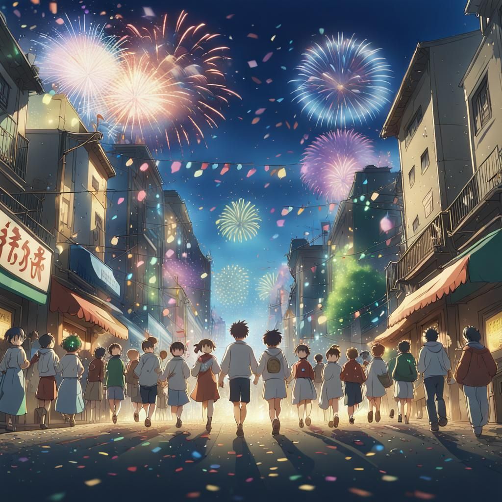 Carnival Celebration with Fireworks in Anime Style