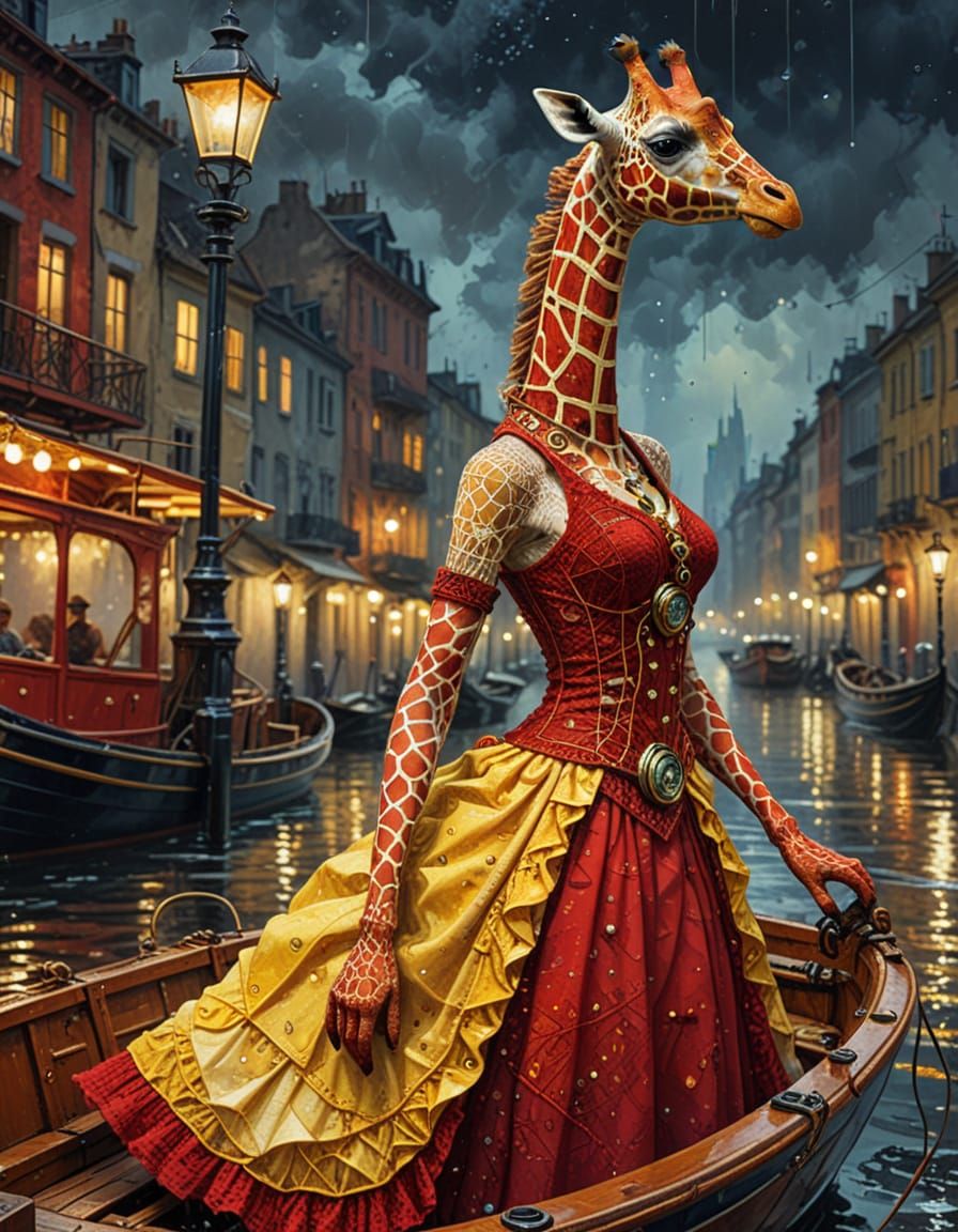 Steampunk Giraffe's Night Voyage: A Klimt-Inspired Illustrat...