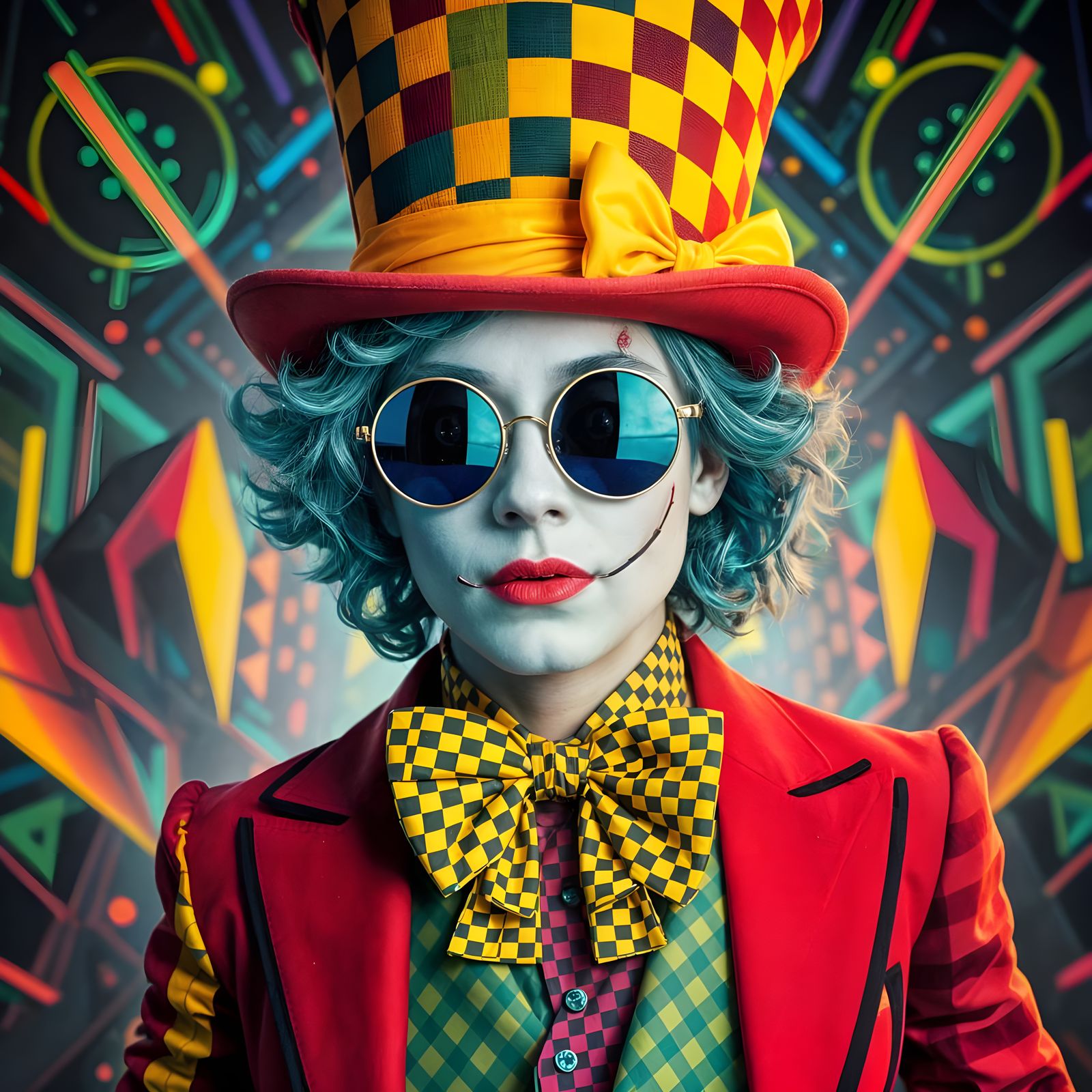 Cyberpunk Mad Hatter in Gingham and Harlequin Patterns