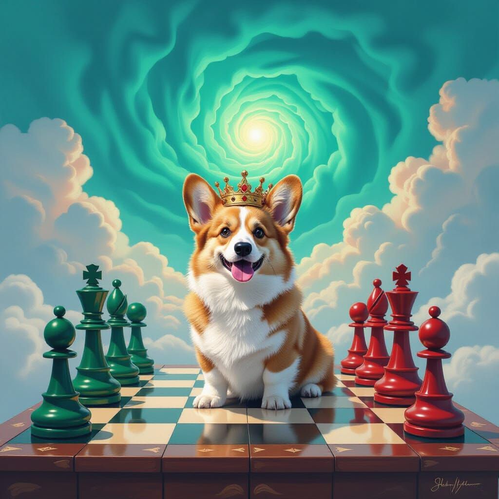 Regal Corgi on Giant Chessboard in Surreal Landscape