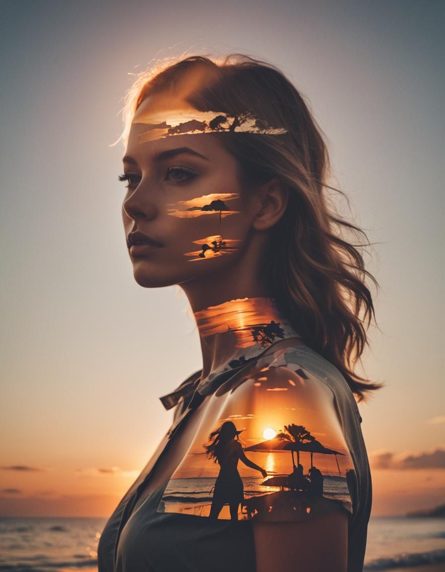 Silhouette Model with Sunset Beach: Double Exposure