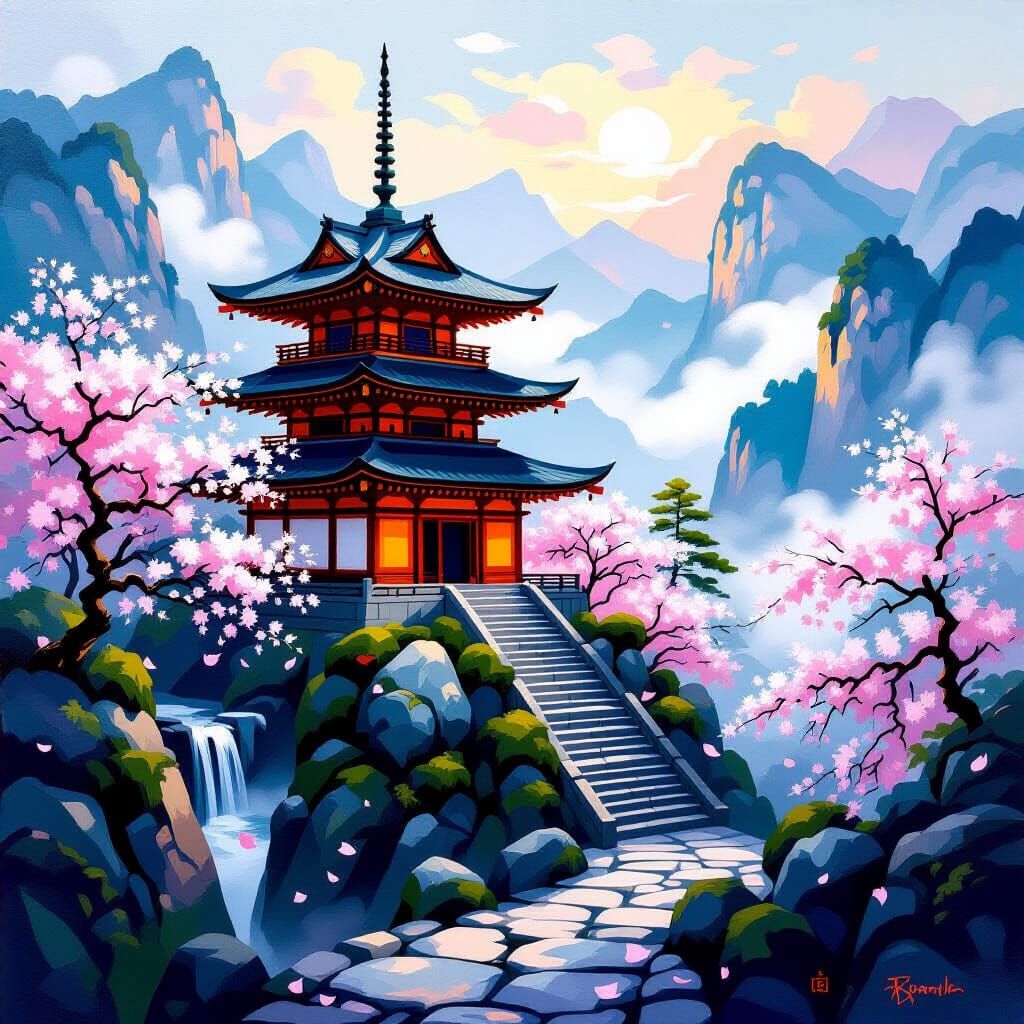 Majestic Japanese Temple in Spring Mist, Oil Painting