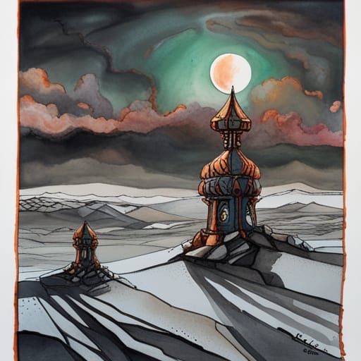 Conquistador On Martian Plains Yoshitaka Amano full moon Martian towers green and magenta orange and teal warm colors te...