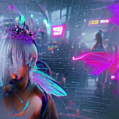 Cyberpunk Fairy Girl in Neon Cityscape