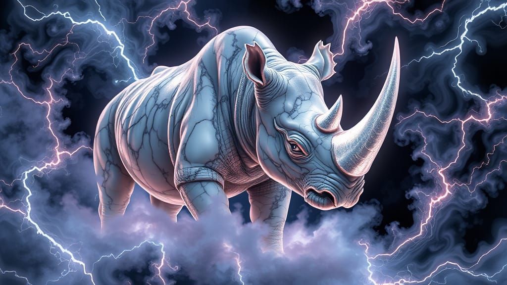 Bioluminescent Rhino Fractal Art with High Contrast