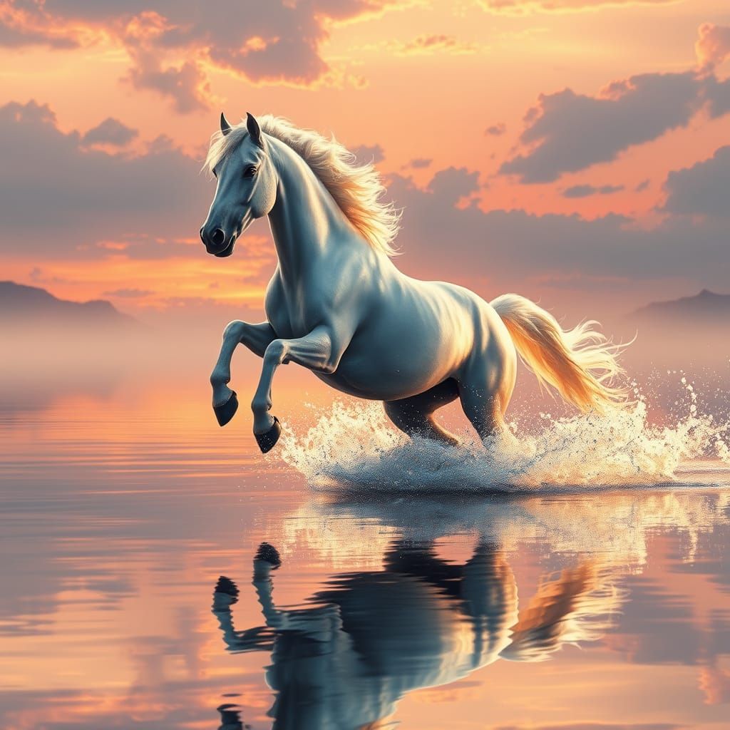 White Stallion Gallops on Glassy Lake at Dawn