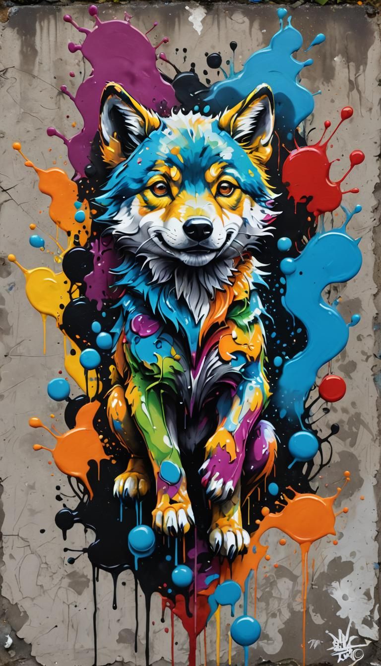 Colorful Baby Wolf Graffiti Art, Splash Art
