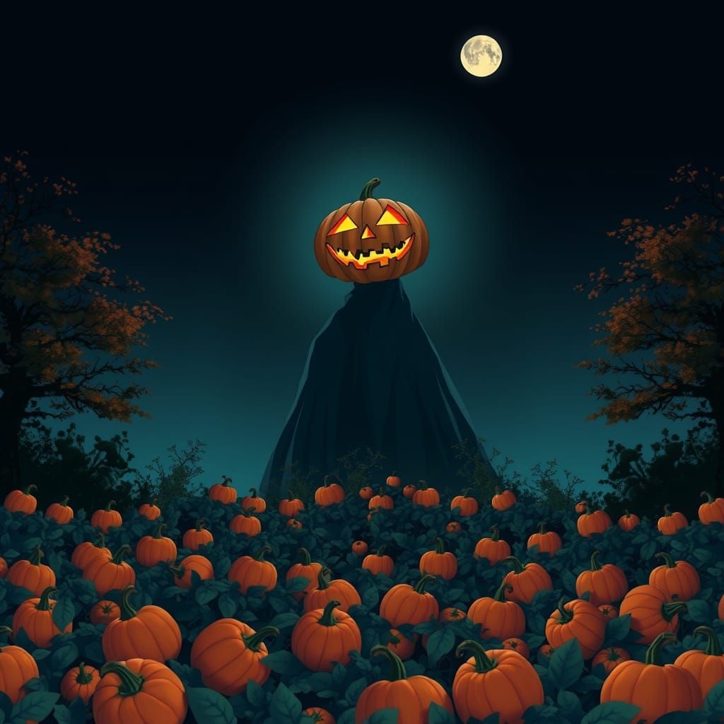 Jack-o-Lantern Figure Rises in Pumpkin Field, Manga Style