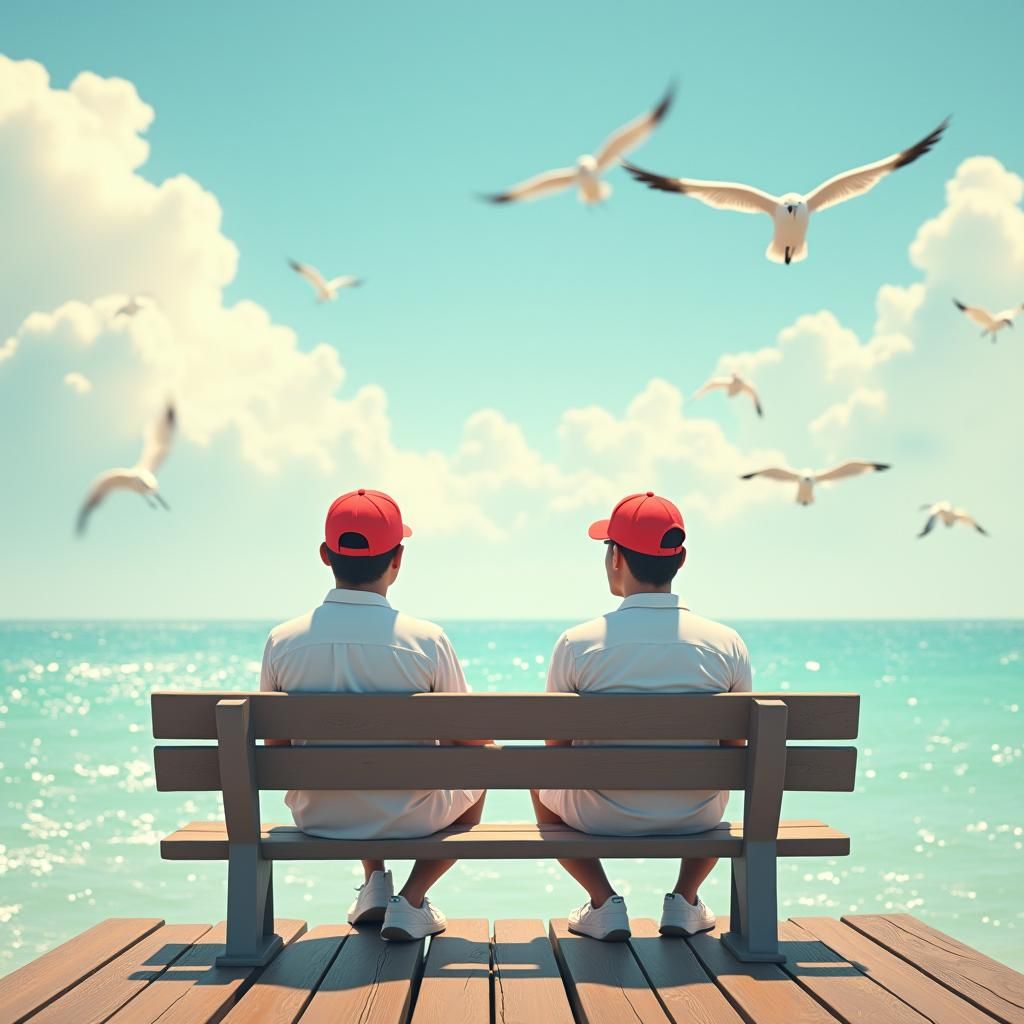 Men on Pier Watching Seagulls in Fantasy Art Style