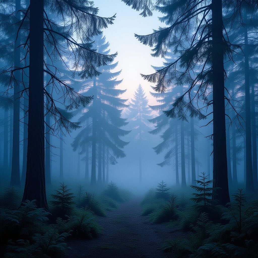 Misty Forest Dawn in Minimalist Style