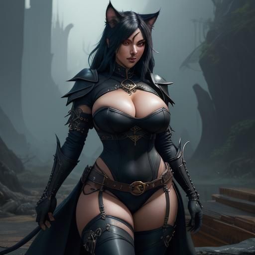 Fantasy Cat Girl in Black Leather, Detailed Art