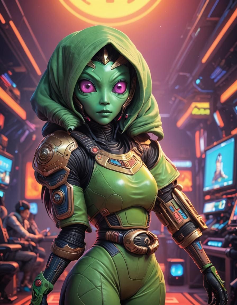 Alien Mongolian Gamer in Cel-Shaded 3D Art