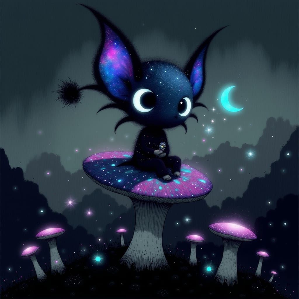 Whimsical Indigo Creature in a Moonlit Forest