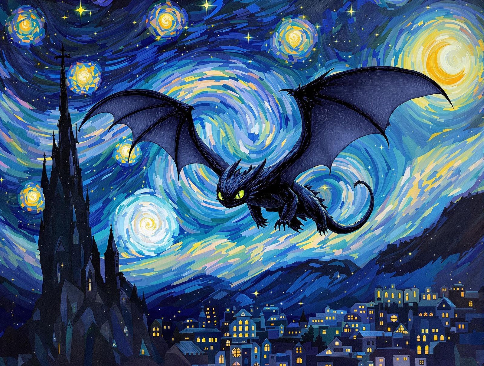 Gothic Dragon Soars Through Starry Night Sky