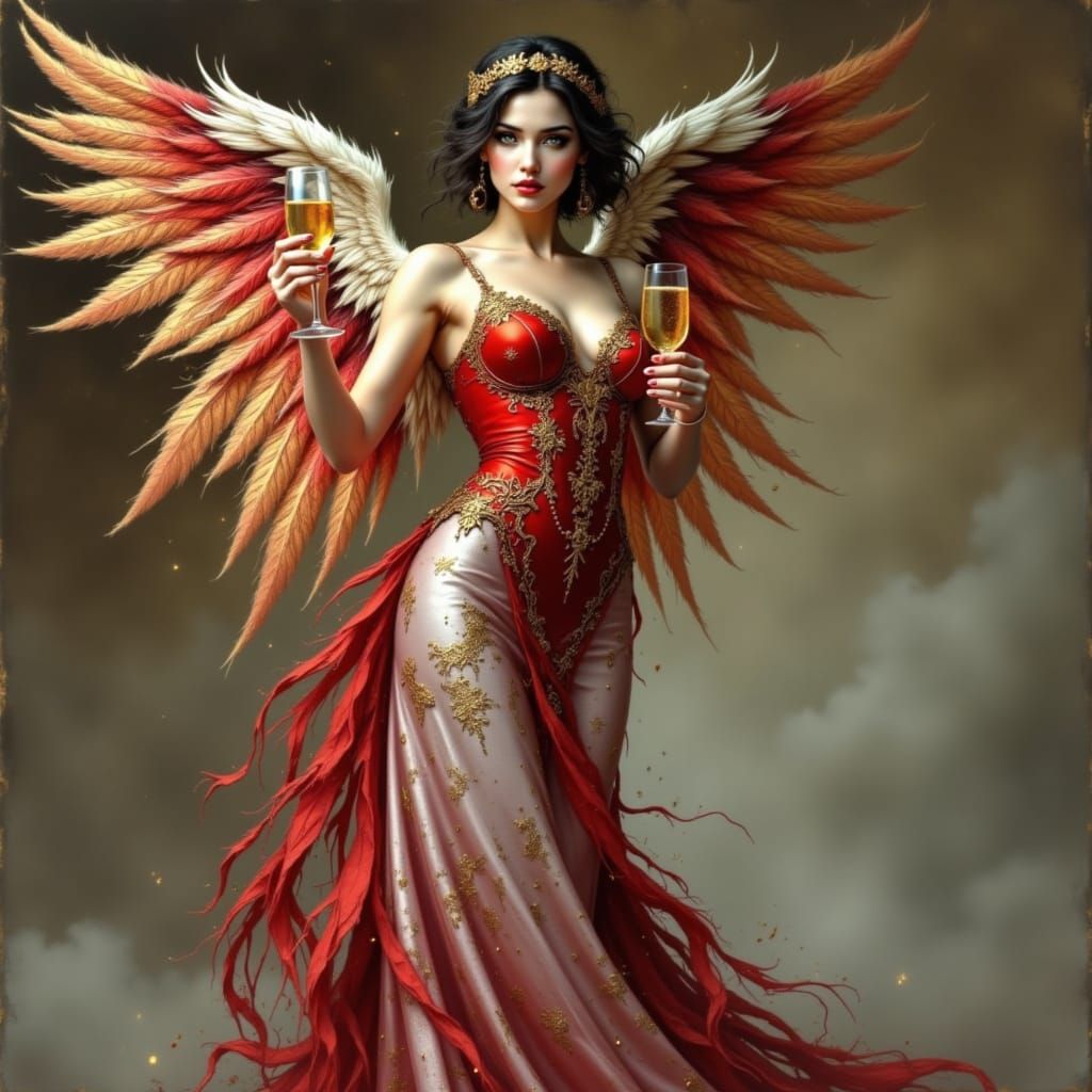 Ethereal Angel in Red and Silver Fashion Dress with Champagn...