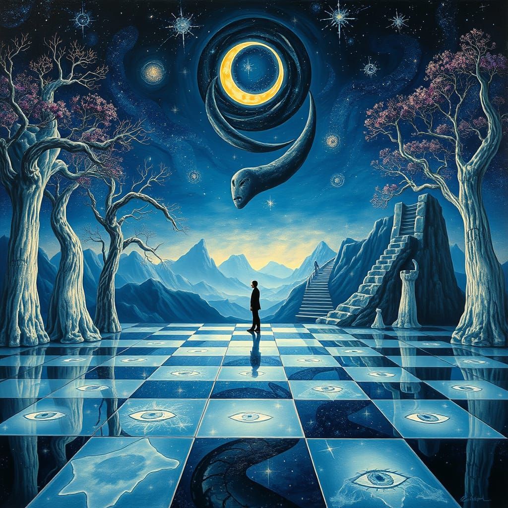 Surreal Chessboard Landscape with Galaxies and Moon